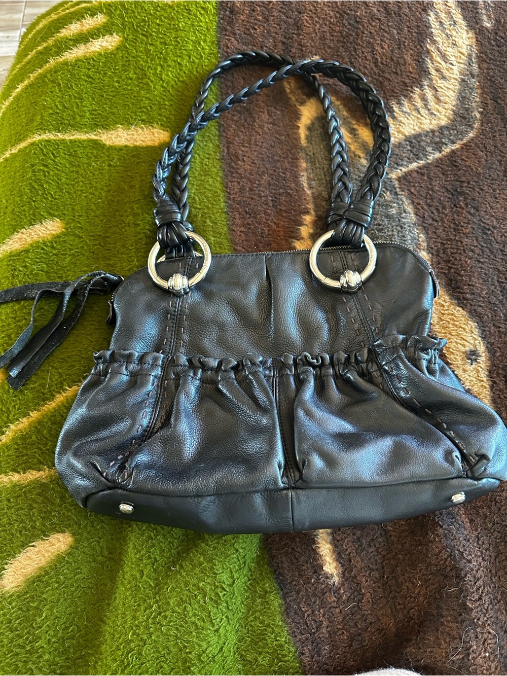 b. makowsky Black Braided-Handle Leather Shoulder Bag